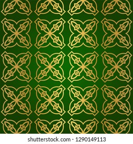 Luxury Seamless Geometrical Linear Texture. Original Geometrical Puzzle. Backdrop. Vector illustration. Green gold color. Design For Prints, Textile, Decor, Fabric