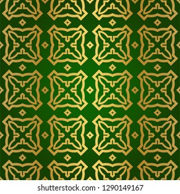 Luxury Seamless Geometrical Linear Texture. Original Geometrical Puzzle. Backdrop. Vector illustration. Green gold color. Design For Prints, Textile, Decor, Fabric