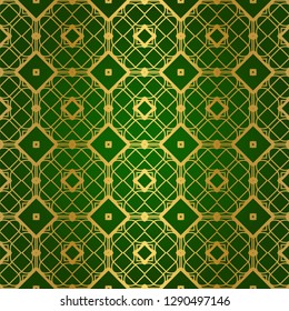 Luxury Seamless Geometrical Linear Texture. Original Geometrical Puzzle. Backdrop. Vector illustration. Green gold color. Design For Prints, Textile, Decor, Fabric