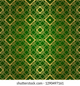 Luxury Seamless Geometrical Linear Texture. Original Geometrical Puzzle. Backdrop. Vector illustration. Green gold color. Design For Prints, Textile, Decor, Fabric