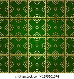 Luxury Seamless Geometrical Linear Texture. Original Geometrical Puzzle. Backdrop. Vector illustration. Green gold color. Design For Prints, Textile, Decor, Fabric