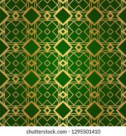 Luxury Seamless Geometrical Linear Texture. Original Geometrical Puzzle. Backdrop. Vector illustration. Green gold color. Design For Prints, Textile, Decor, Fabric