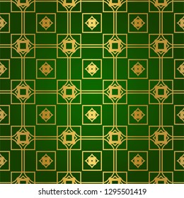 Luxury Seamless Geometrical Linear Texture. Original Geometrical Puzzle. Backdrop. Vector illustration. Green gold color. Design For Prints, Textile, Decor, Fabric