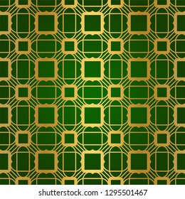 Luxury Seamless Geometrical Linear Texture. Original Geometrical Puzzle. Backdrop. Vector illustration. Green gold color. Design For Prints, Textile, Decor, Fabric