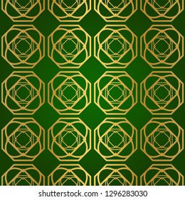 Luxury Seamless Geometrical Linear Texture. Original Geometrical Puzzle. Backdrop. Vector illustration. Green gold color. Design For Prints, Textile, Decor, Fabric
