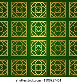 Luxury Seamless Geometrical Linear Texture. Original Geometrical Puzzle. Backdrop. Vector illustration. Green gold color. Design For Prints, Textile, Decor, Fabric