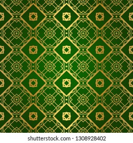 Luxury Seamless Geometrical Linear Texture. Original Geometrical Puzzle. Backdrop. Vector illustration. Green gold color. Design For Prints, Textile, Decor, Fabric