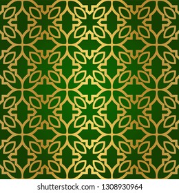 Luxury Seamless Geometrical Linear Texture. Original Geometrical Puzzle. Backdrop. Vector illustration. Green gold color. Design For Prints, Textile, Decor, Fabric