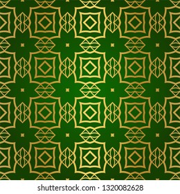 Luxury Seamless Geometrical Linear Texture. Original Geometrical Puzzle. Backdrop. Vector illustration. Green gold color. Design For Prints, Textile, Decor, Fabric