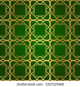 Luxury Seamless Geometrical Linear Texture. Original Geometrical Puzzle. Backdrop. Vector illustration. Green gold color. Design For Prints, Textile, Decor, Fabric