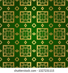 Luxury Seamless Geometrical Linear Texture. Original Geometrical Puzzle. Backdrop. Vector illustration. Green gold color. Design For Prints, Textile, Decor, Fabric
