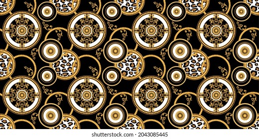 Luxury Seamless Gold Chains with Baroque Pattern on Black. Vector design for fashion prints and backgrounds.
