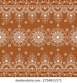 Luxury seamless lace rabbit pattern with elegant floral ornaments and geometric details. Contemporary decorative background in warm brown tones, ideal for fabric, wallpaper, interior design, and premium surface prints.
