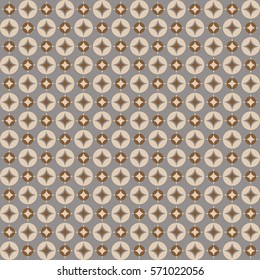 Luxury seamless ornamental geometric checkered textile print pattern with diamonds and circles. Vector background.