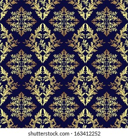Luxury seamless ornamental Wallpaper: gold on dark blue.