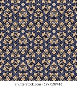 luxury seamless pattern with arabic motives. beige, gray, brown stars, polygons, shapes, segments are grouped and lined up on a black background. vector