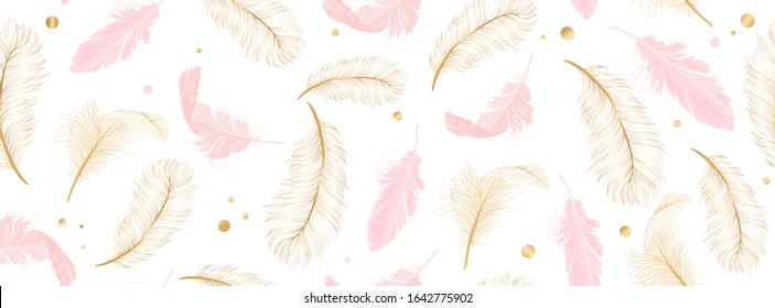 Luxury Seamless Pattern Background With Gold And Pink Feather Vector Illustration. 