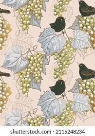 Luxury seamless pattern for creating textiles, wallpaper, paper. Engraved print gold seamless background with grapes bunches and birds. Vintage. Vector Illustration