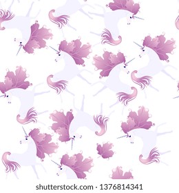 Luxury seamless pattern with cute unicorns with purple mane in shape of autumn leaves on white background. Print for fabric, wallpaper. 