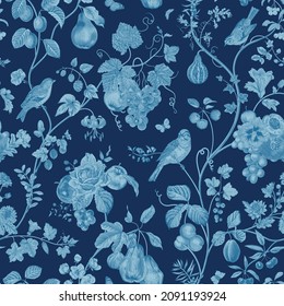 Luxury seamless pattern. Deep blue. Fruit and flowers. Vector vintage illustration 
