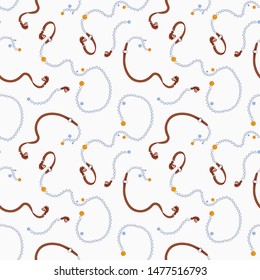 Luxury seamless pattern with fancy silver and golden chain belts decorated by coin charms and leather tassels on white background. Elegant vector illustration for wrapping paper, fabric print.