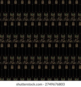 Luxury seamless pattern featuring golden line art of Makkah and Madinah landmarks on a black background.