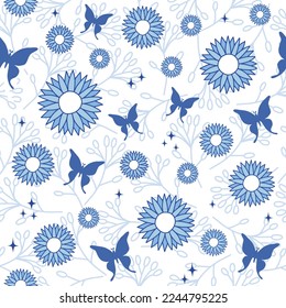 Luxury seamless pattern of flowers and butterflies vector.  Seamless spring floral pattern. Summer beautiful textile, rustic wallpaper, surface, illustration, garden fabric,wrapping paper design