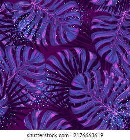 Luxury Seamless pattern with fluorescent tropic leaves on dark background. Vector illustration. Summer background