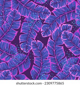 Luxury Seamless pattern with fluorescent tropic leaves on dark background. Vector illustration. Summer background