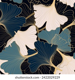 luxury seamless pattern with gold and blue ginkgo leaves