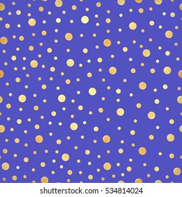luxury seamless pattern with gold circle on a blue background. Abstract geometric modern background. Vector illustration. Shiny backdrop. Texture of gold foil. Art deco style. Polka dots, confetti.