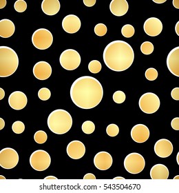 luxury seamless pattern with gold circle on a black background. Gold circle seamless pattern. Vector illustration. Shiny backdrop. Texture of gold foil.