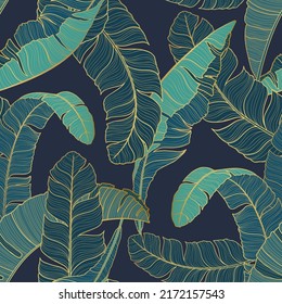 Luxury Seamless pattern with gold and green tropic leaves. Vector illustration. Summer background