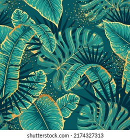 Lujoso patrón de Seamless con hojas trópicas doradas y verdes. Ilustración vectorial. Fondo de verano