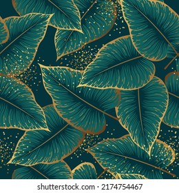 Luxury Seamless pattern with gold and green tropic leaves. Vector illustration. Summer background