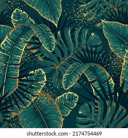 Luxury Seamless pattern with gold and green tropic leaves. Vector illustration. Summer background