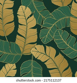 Luxury Seamless pattern with gold and green tropic leaves. Vector illustration. Summer background