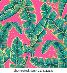 Luxury Seamless pattern with gold and green tropic leaves on pink background. Vector illustration. Summer background