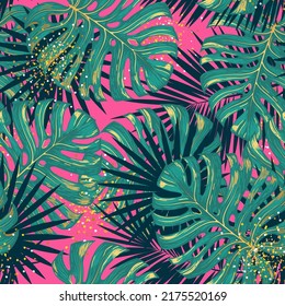 Luxury Seamless pattern with gold and green tropic leaves on pink background. Vector illustration. Summer background