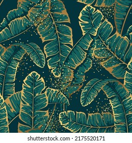 Luxury Seamless pattern with gold and green tropic leaves. Vector illustration. Summer background