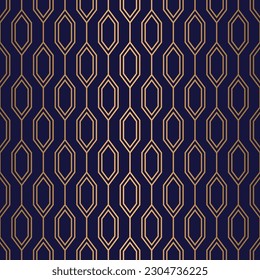 Luxury seamless pattern with gold hexagon grid line on blue  background, vector illustration.