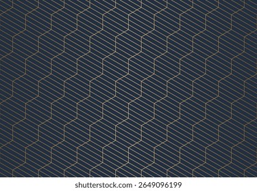 Luxuriöses, nahtloses Muster aus goldenem Sechseck und diagonal gestreiften Linien auf blauem Hintergrund.
