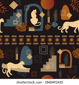 
Luxury seamless pattern with gold ornaments and leopards, Vector,  African style, oriental art.