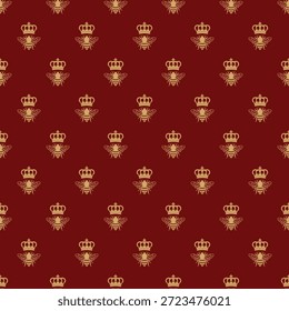 Luxury seamless pattern. Gold royal bees and crowns on black background. Elegant imperial bee textile and wallpaper design.