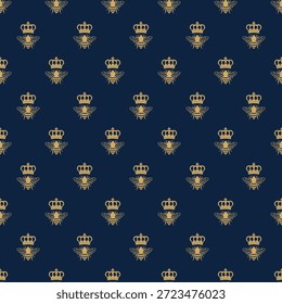 Luxuriöses nahtloses Muster. Goldene Königsbienen und Kronen auf schwarzem Hintergrund. Elegantes Imperial Biene Textil und Tapete Design.