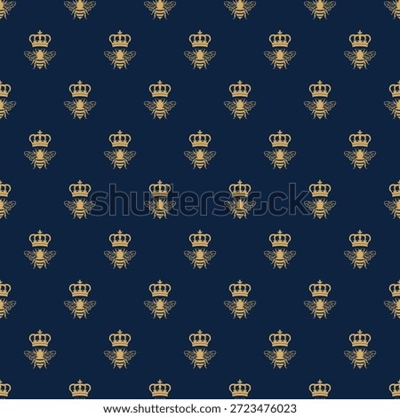 Luxury seamless pattern. Gold royal bees and crowns on black background. Elegant imperial bee textile and wallpaper design.