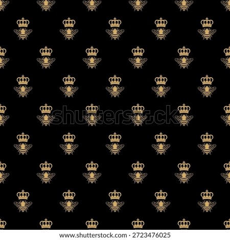 Luxury seamless pattern. Gold royal bees and crowns on black background. Elegant imperial bee textile and wallpaper design.