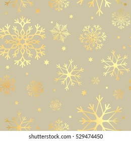 Luxury seamless pattern with gold snowflakes on a coffee color background. Christmas snowflakes background
