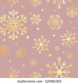 Luxury seamless pattern with gold snowflakes on a purple background. Christmas snowflakes background