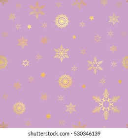 luxury seamless pattern with gold snowflakes on a purple background. Christmas snowflakes and star seamless background. Simple purple background with snowflakes.